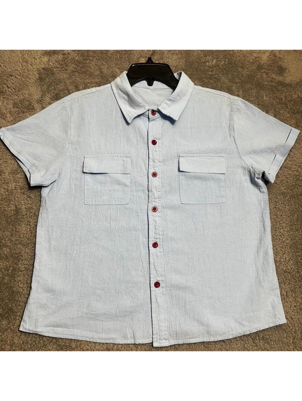 Unbranded Short Sleeve Button Up Shirt Womens L Light Blue Cotton Gauze Utility